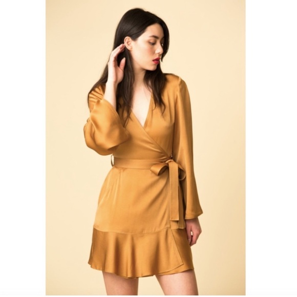 A.L.C. Whitney wrap silk dress in caramel gold yellow - Picture 3 of 6